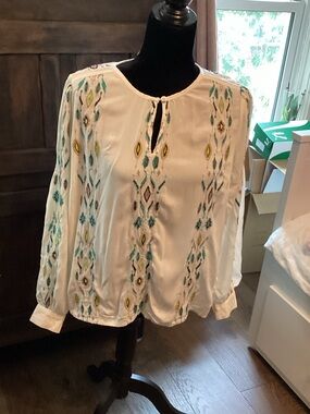 Ivory Embroidered Long-Sleeve Peasant Blouse
